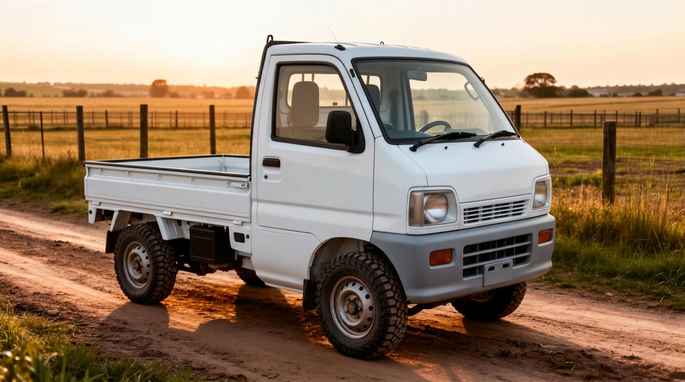 ARCHAEA kei truck on a farm dirt road